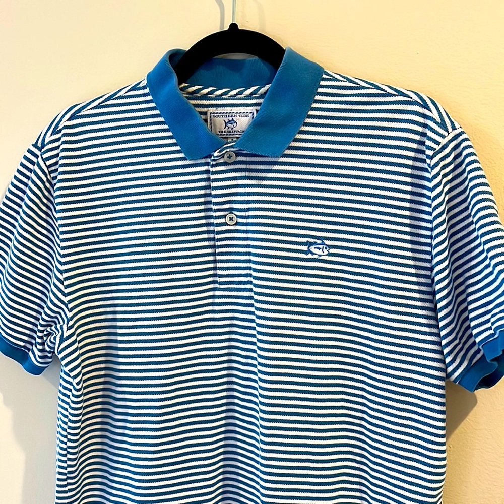 Southern Tide The Skipjack Polo Men’s Small Blue & White Short Sleeve Knit Shirt